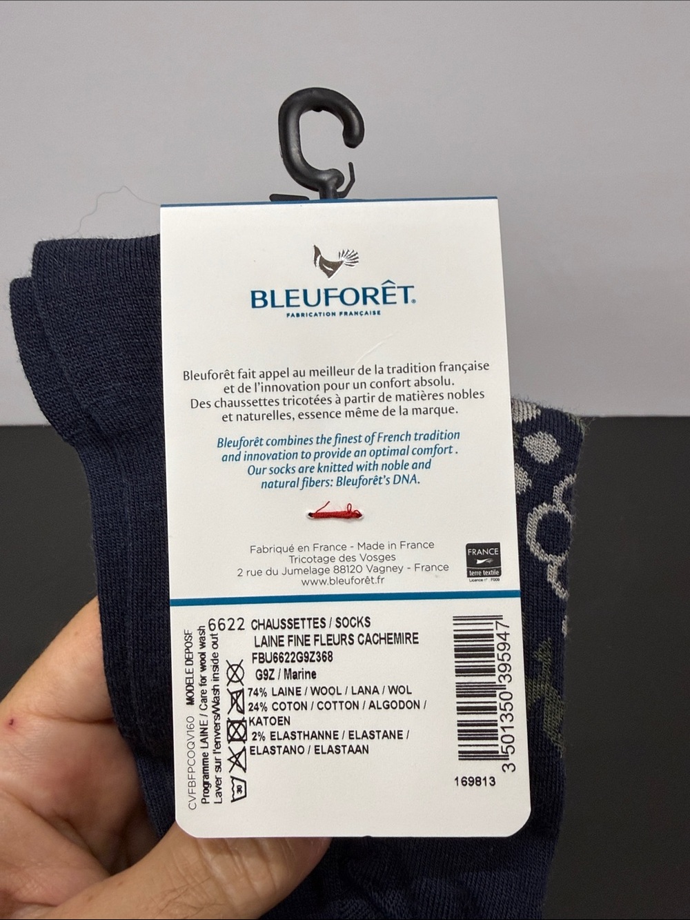 Women’s Navy Floral Merino Wool Roll Top Socks - Picture 3 of 3
